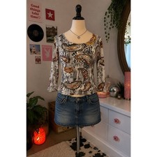 Jane Ashley Vintage Blouse Top 3/4th Sleeves Paisley Print 90s Y2K Sequins Mediu