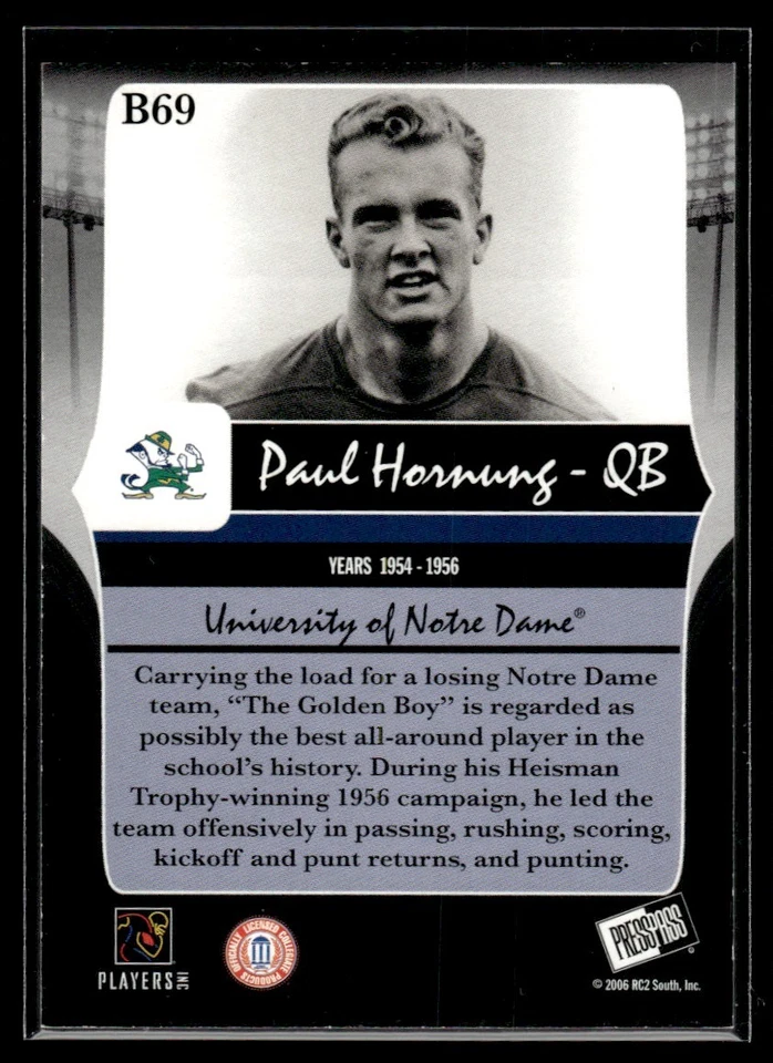 2006 Press Pass Legends Bronze Paul Hornung /999 Notre Dame Fighting Irish #B69 - Image 2 of 2