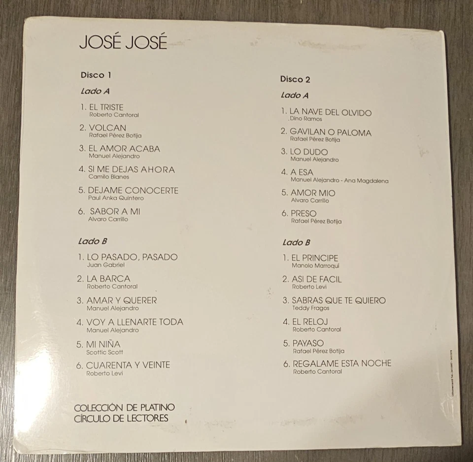 JOSE JOSE LP VINYL COLECCION PLATINO CIRCULO DE LECTORES 2 DISCOS - Image 2 of 2