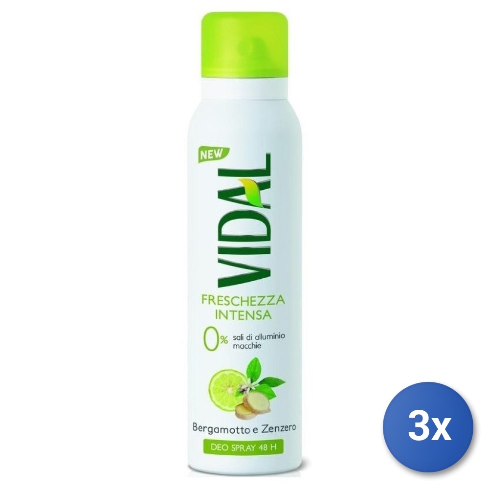 3x Vidal Deodorant Spray 150 Ml. Bergamot & Ginger Made In Italy