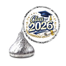 216 ETIQUETAS BESO CARAMELO CHOCOLATE FAVORES CLASE GRADUACIÓN AZUL Y DORADO