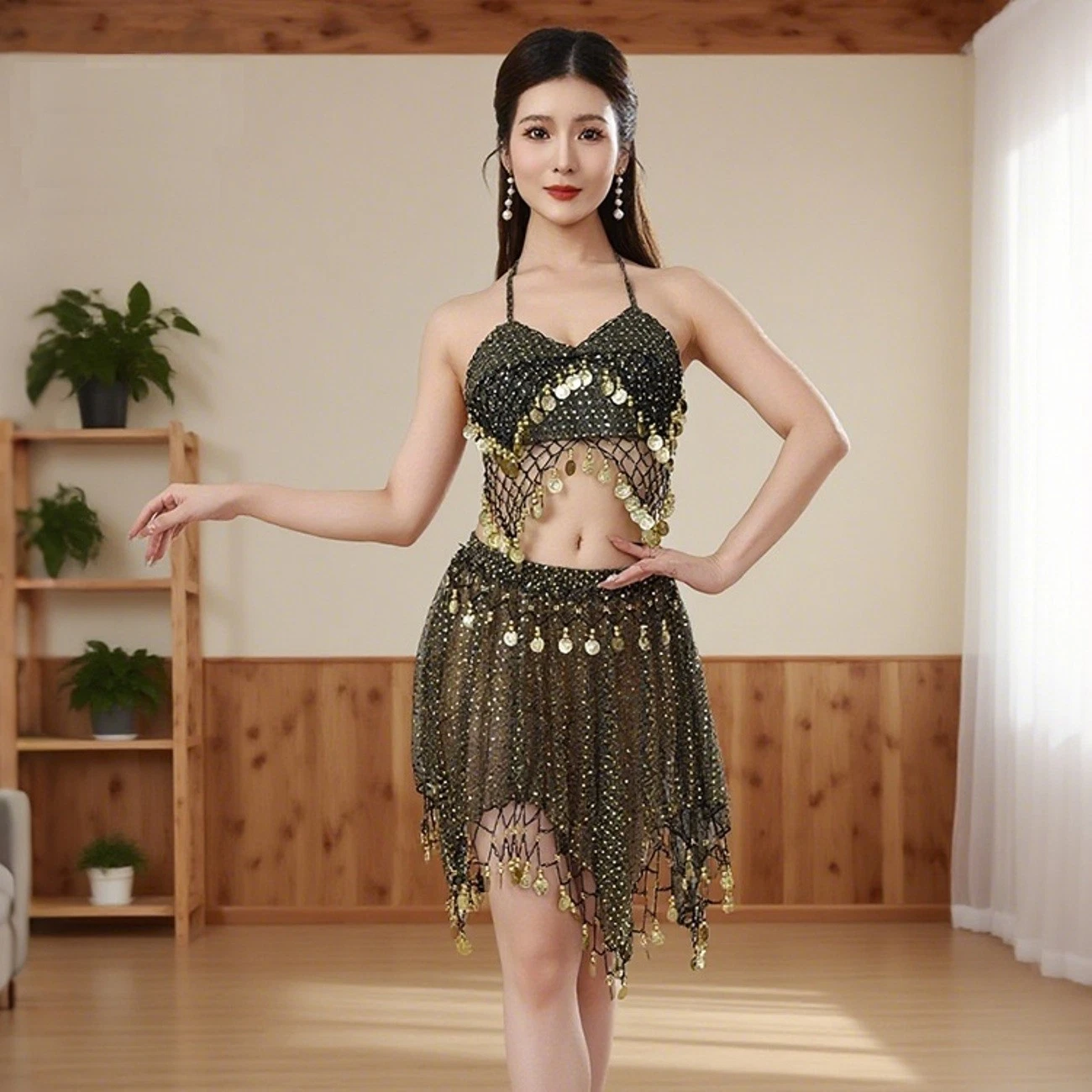 Women\'s Black Imported Chiffon Belly Dance Costume Indian Dance Skirt with Coins Amazon.com: KALIONE Belly Dance Hip Scarf, Chiffon Belly  main image 2