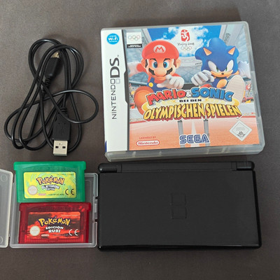 Nintendo DS Lite schwarz  USB-Ladekabel + Mario &Sonic, Pokemon Blattgrün, Rubin