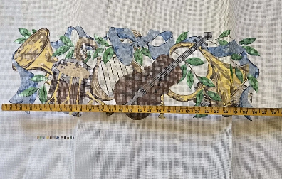 Brunswick Needlepoint Canvas Musical Instruments Violin Drum French Horn Lg Vtg - Image 3 of 4