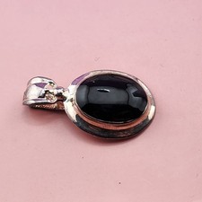 Black Oval Cabochon Silver Tone Pendant Charm Statement Retro Jewelry