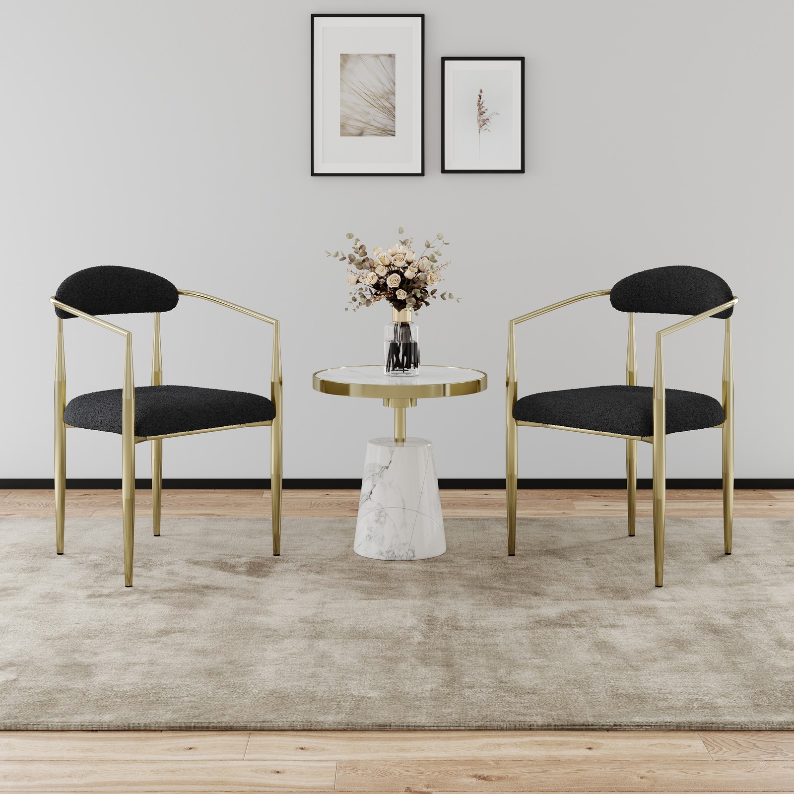 4 Set Dining Chairs Boucle Armchairs Sherpa Accent Chairs Black Gold Metal Legs