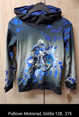 Handmade Pullover, Motorad, schwarz/blau, mit Kapuze, Größe 128