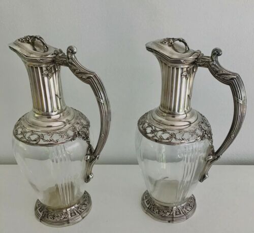A Lovely Pair Of Antique 19th Century French Sterling Silver&Cut Glass Pitchers - Picture 4 of 11