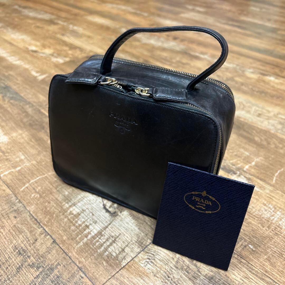 PRADAハンドバッグ.ポーチ Auth PRADA Old All Leather Vanity Bag Cosmetic Pouch Black Zipper