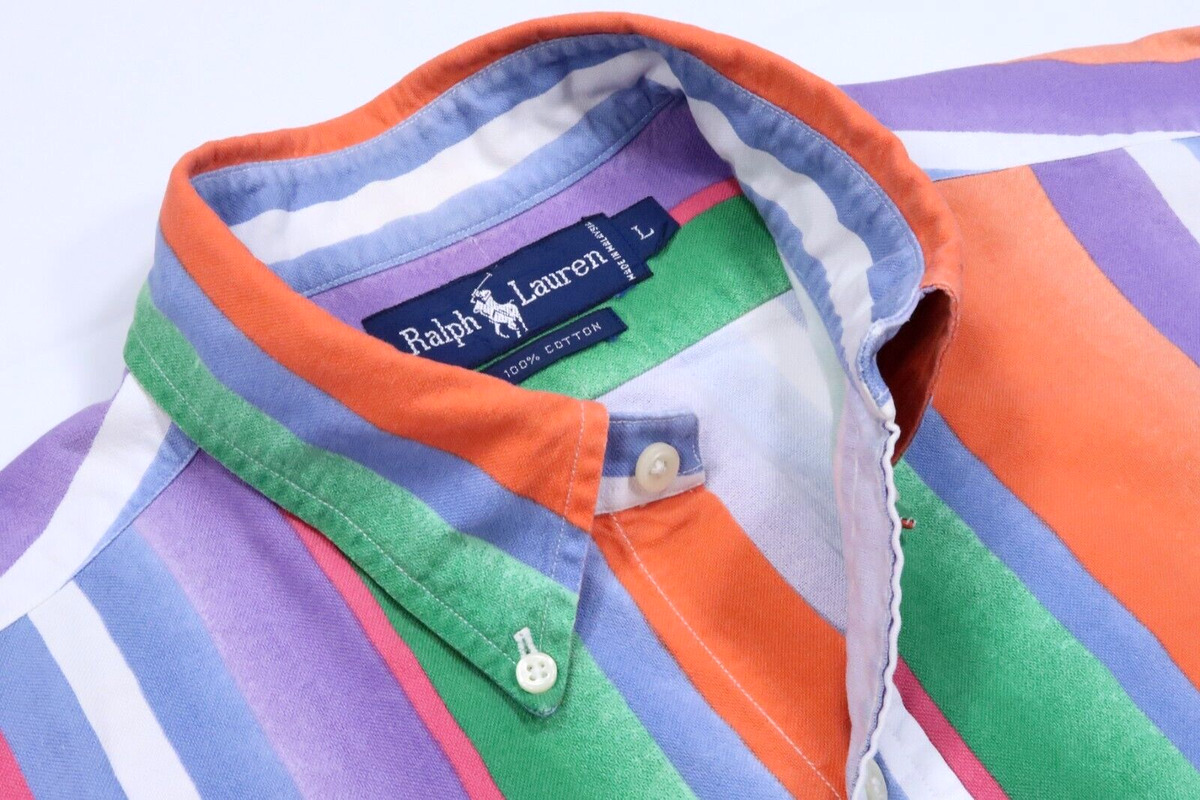 POLO RALPH LAUREN VINTAGE 80S 90S OXFORD MENS LARGE STRIPE BUTTON SHIRT  RELAXED