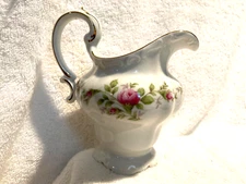 White Johann Haviland Bavaria Porcelain Creamer Moss Rose Pink/Grn 5" Tx 4 3/4"W