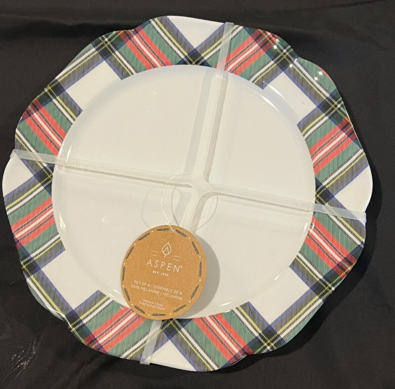 ASPEN Est. 1949 Set 4 Tartan Plaid Melamine Dinner Plates Christmas 11" NEW