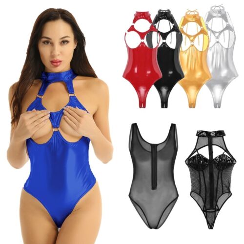 Sexy Women's Wet Look Leather Bodysuit Open Cup Leotard Teddy High Cut Playsuit  - Picture 1 of 74