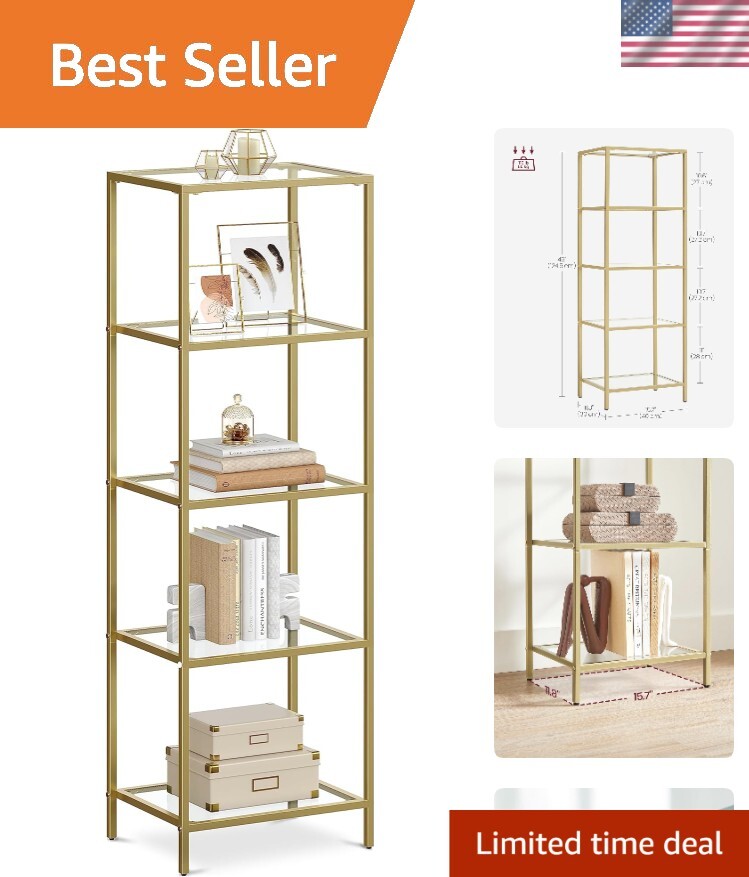 Modern 5-Tier Tempered Glass Bookcase with Gold Steel Frame - Stylish & Durable