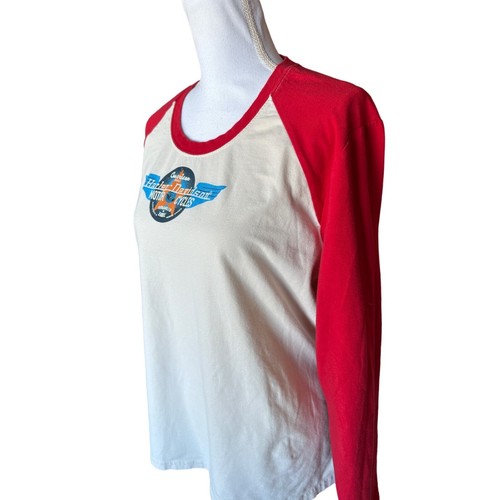 Harley Davidson Women’s Baseball Shirt Top Red Off White Plus Size 2W Rhinestone - Picture 7 of 12