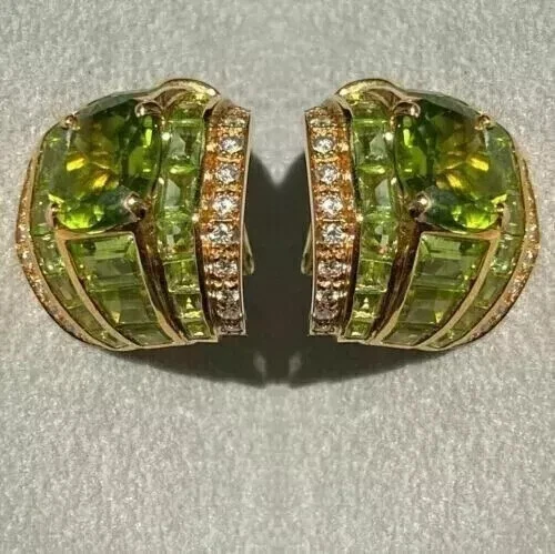 Art Deco Style Peridot 3Ct Created Huggie Hoop Earrings 14K Yellow Gold Finish - Image 2 of 4