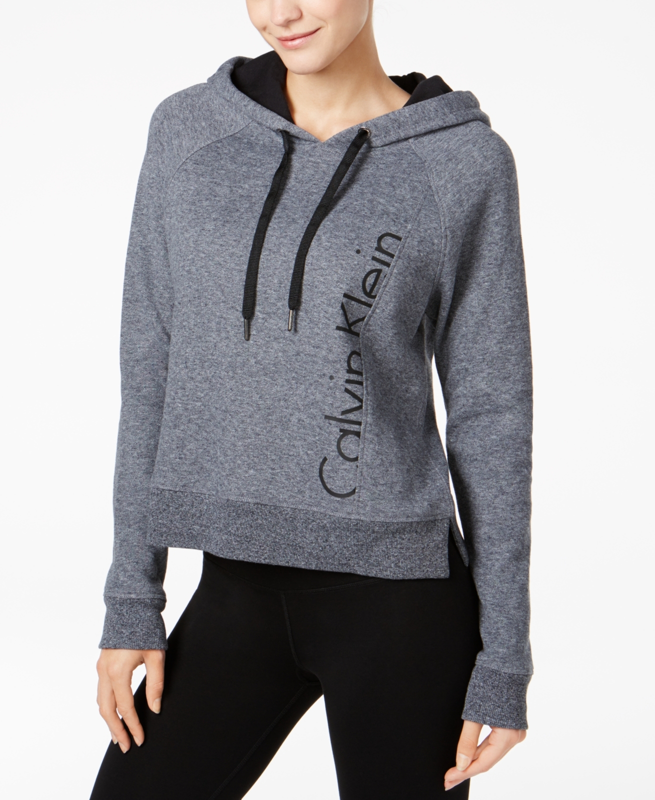 Calvin Klein Womens Performance Cropped Fleece Hoodie Black Heather  190466331975 | eBay