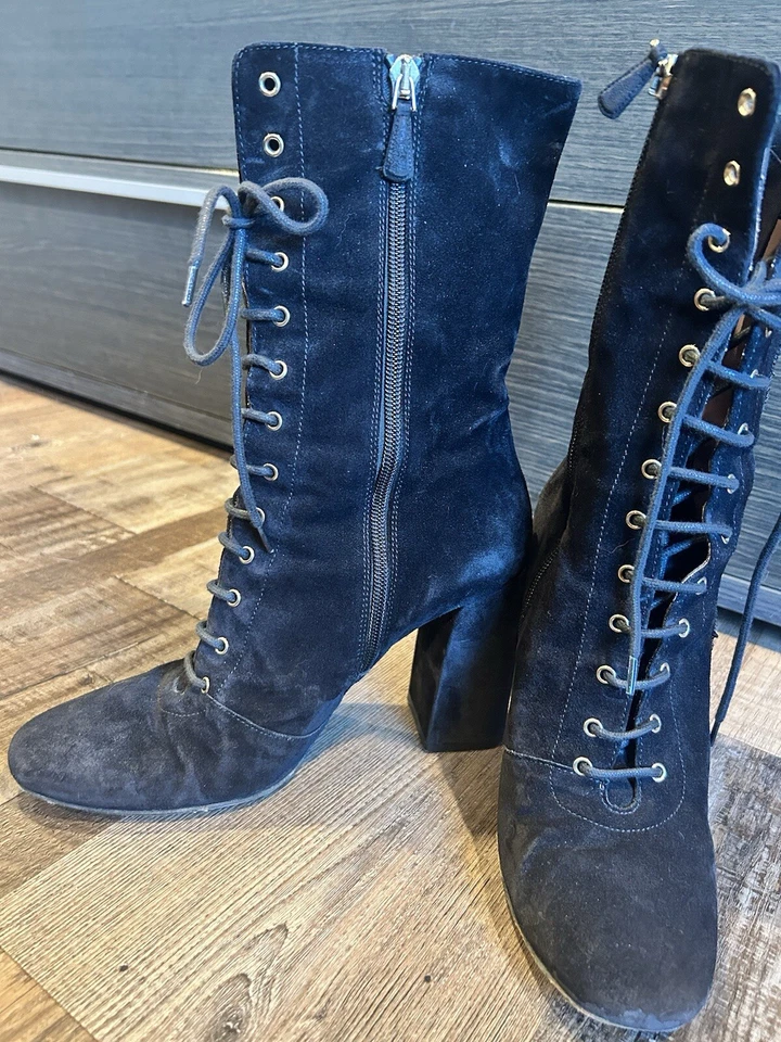 Red Valentino Suede Sequin Lace Up Boots Heels Black 40 $995 - Image 4 of 4