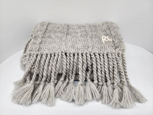 **RARE** NWT $350 Polo Ralph Lauren HAND KNIT Wool RL Logo Scarf Grey - Picture 1 of 4