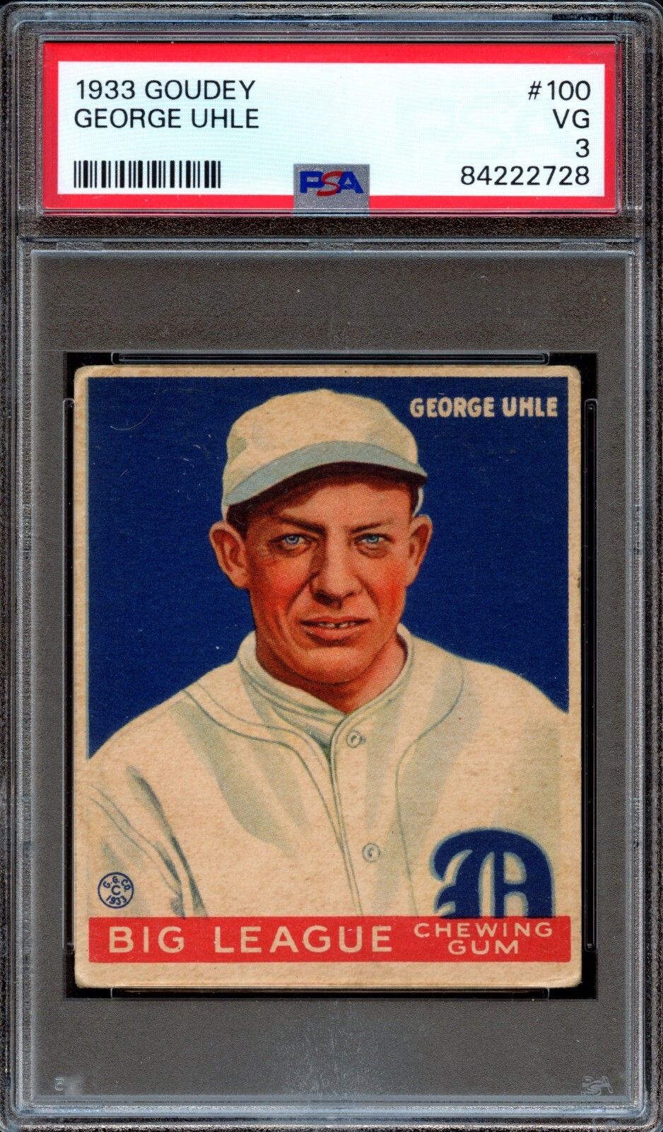 BB - 1933 Goudey - #100 - George Uhle - PSA 3 - VG
