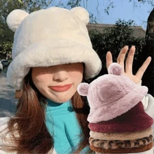 Cute Women Bear Ear Fluffy Faux Fur Winter Hat Warm Plush Fisherman Cap Bucket