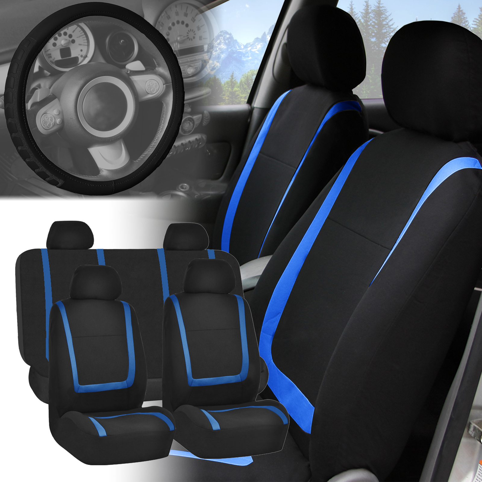 FH Group Universal Fit Cloth Car Seat Covers for SUV w/ Steering Wheel Cover