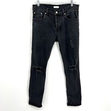 SANDRO Paris Black Dark Wash Button Fly Distressed High Rise Skinny Jeans 30