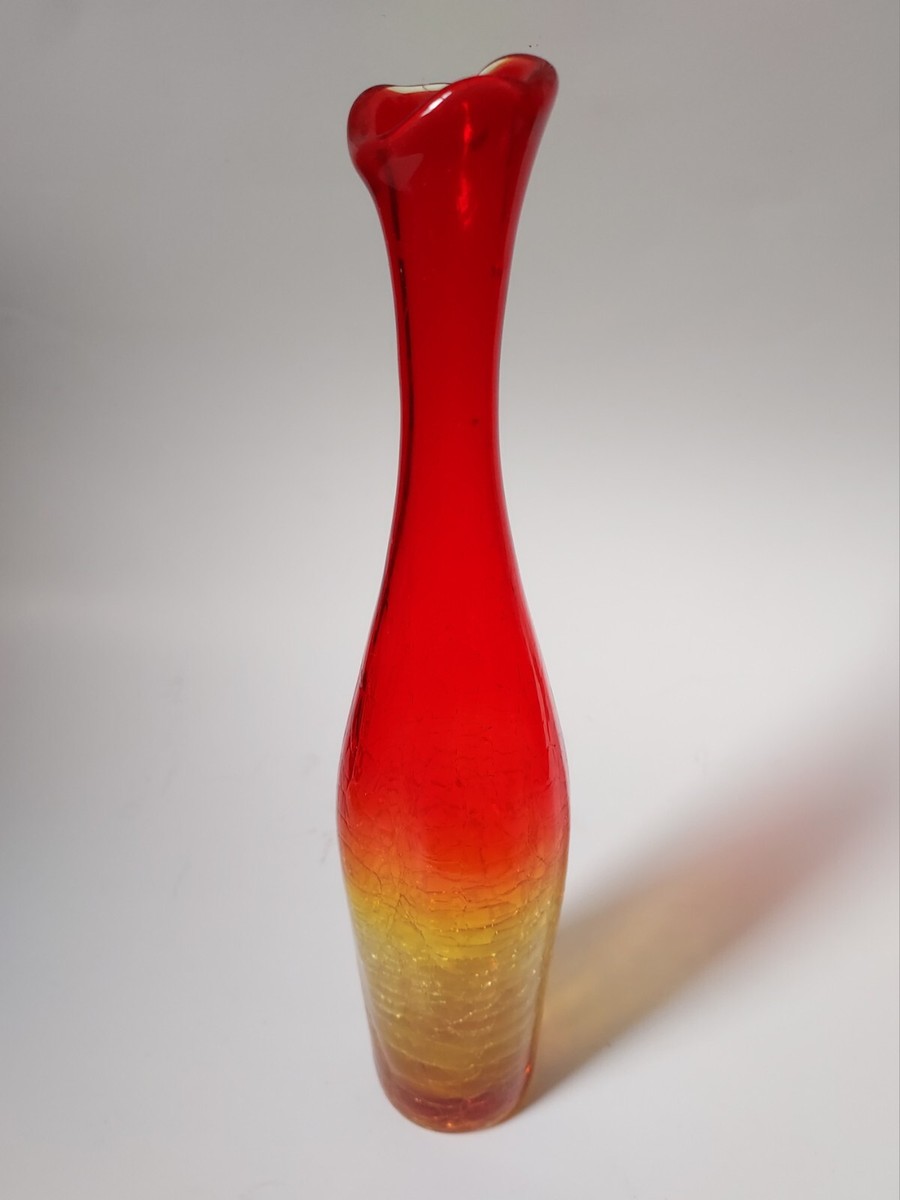 Vintage Blenko 64b Handblown Amberina Crackle Glass Vase Tangerine