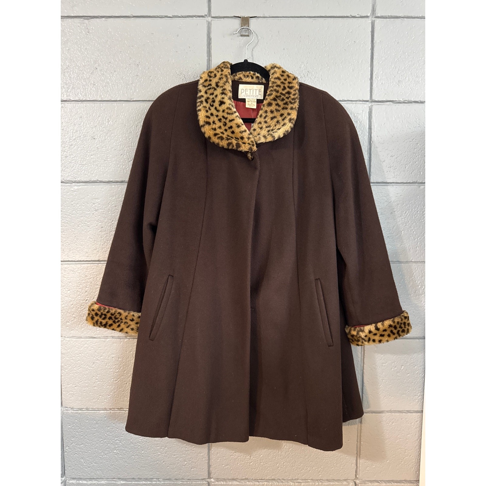 Vintage Cocoa Brown Wool Fur Trim Cheetah Swing Coat size S