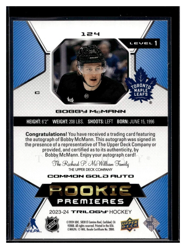 2023-24 Upper Deck Trilogy Rookies Gold 001 /349 Bobby McMann Rookie Auto RC - Image 2 of 2