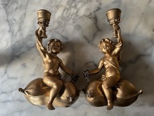 Vintage Crosa Pair of Gilt Resin Cherub Figurines Sculpture Candle Holders 9"