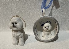 2 White Bichon Frise Puppy Dog Ornaments, One in Teacup  Approx. 3.5" tall