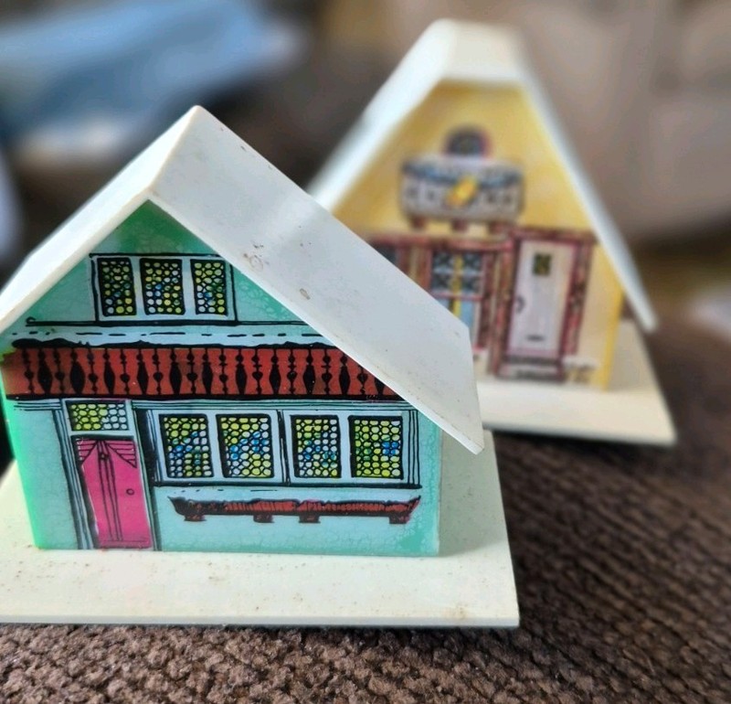 2 older  Vintage  Alpine Village Plastic houses  Christmas  tree lights strings 