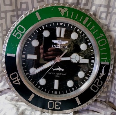 Invicta Oversized Diver Style Wall Clock Green Black 100M Shark Works Scratched