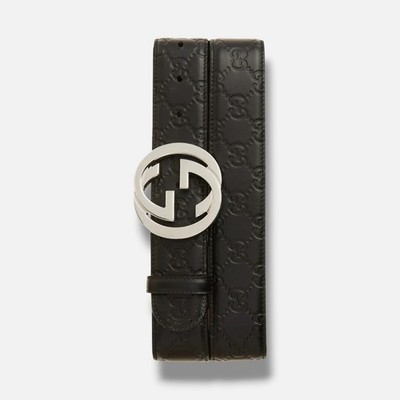 Gucci Men's Black Interlocking G Buckle Logo Embossed Leather Belt Size 85/34.