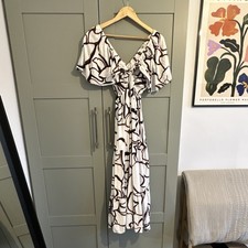 River Island White Brown Abstract Maxi Dress 10 Flutter Sleeve