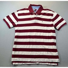 Tommy Hilfiger Mens Large Polo Shirt Burgundy White Striped Short Sleeve Cotton