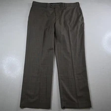 Perry Ellis 40x30 Tan Brown Windowpane Flat Front Straight Dress Mens Pants