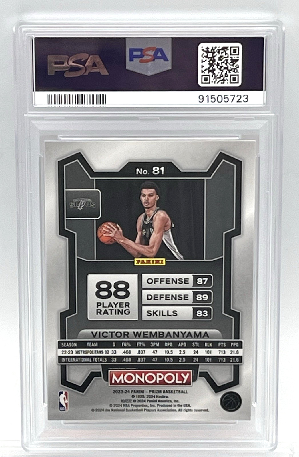 VICTOR WEMBANYAMA - 2023 NBA PRIZM MONOPOLY ROOKIE CARD - PSA 10 GEM MINT -SPURS view 4
