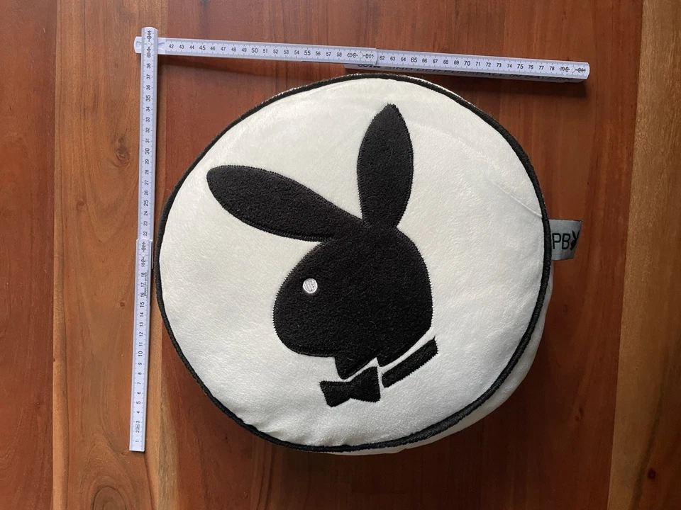 Playboy Kissen Pillow schwarz weiß beige PB Hase 30 cm Vintage 2005 rund - Bild 4 von 4