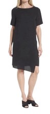 EILEEN FISHER NEW! Black 100% Silk Short Sleeve Draped Front Tunic Dress Sz L