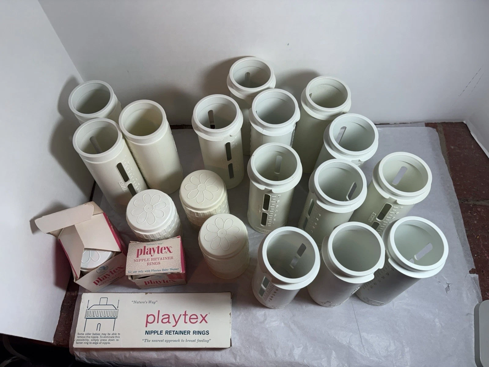 Lot Of 14 Vintage White Playtex Nurser Drop In Bottles Plus Retainer Rings /Caps