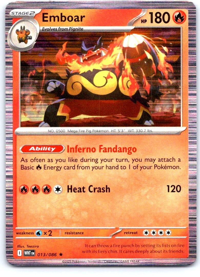 Emboar 013/086 Holo Rare White Flare Pokemon Holo Near Mint