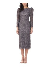 JS COLLECTION Womens Gray V-back Pouf Sleeve Boat Neck Midi Evening Dress 4