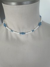 White Puka Shell Necklace/ Choker with Blue Flower Beads 15 Inches Vintage