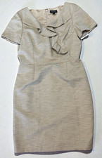 Tahari Size 12 Beige Short Sleeve Shift Pencil Dress V-neck Business Work