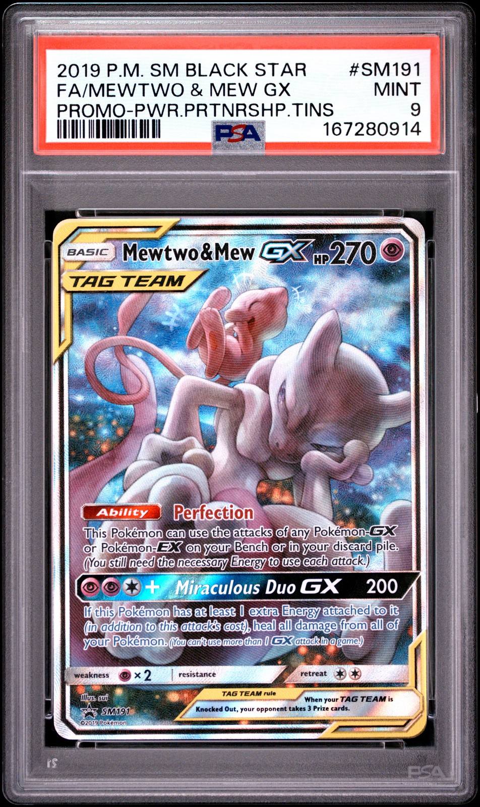 2019 POKEMON SM BLACK STAR PROMO #SM191 FULL ART/MEWTWO & MEW GX PSA 9