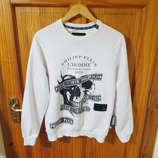 PHILIPP PLEIN Sweatshirt Mens L'Homme 1978 Rhinestone Skull Logo White Size M
