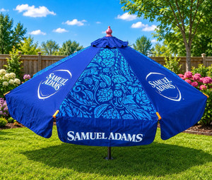 Rare Samuel Adams Blue Floral Market Patio Umbrella w/ Brown Wood Pole
