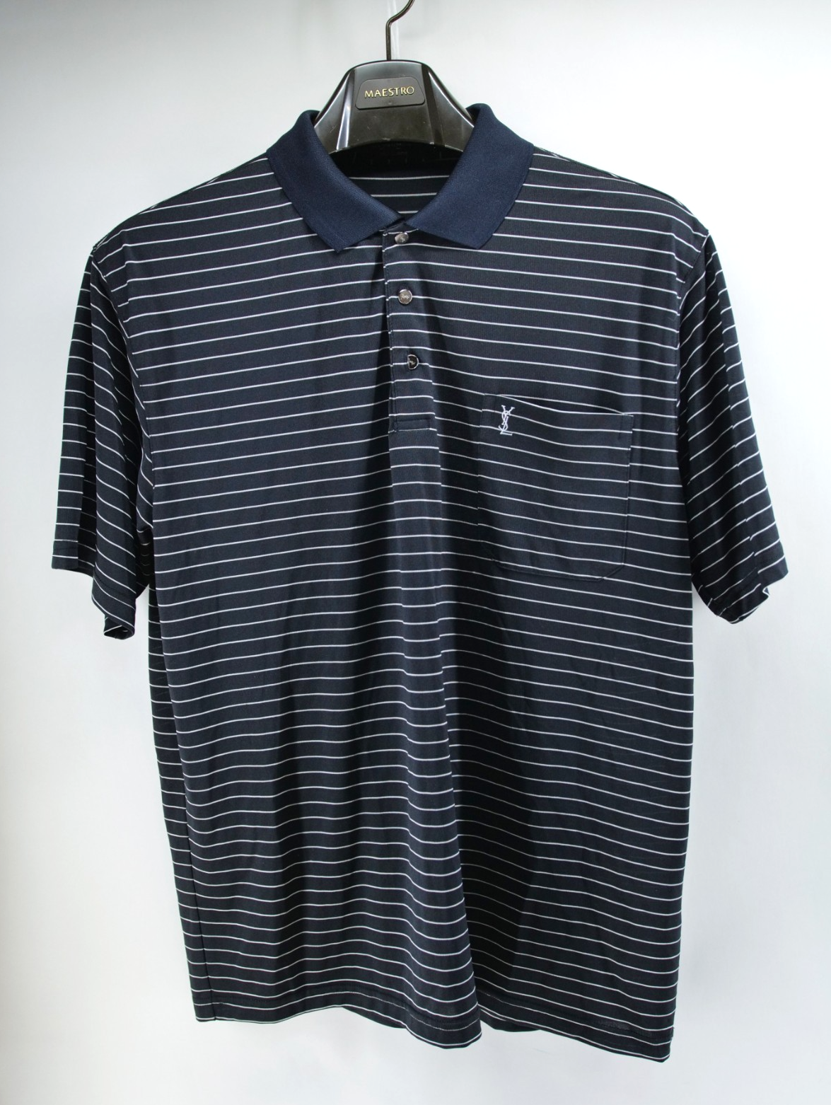 Polo vintage Yves Saint Laurent in seta a righe uomo XL nero bianco